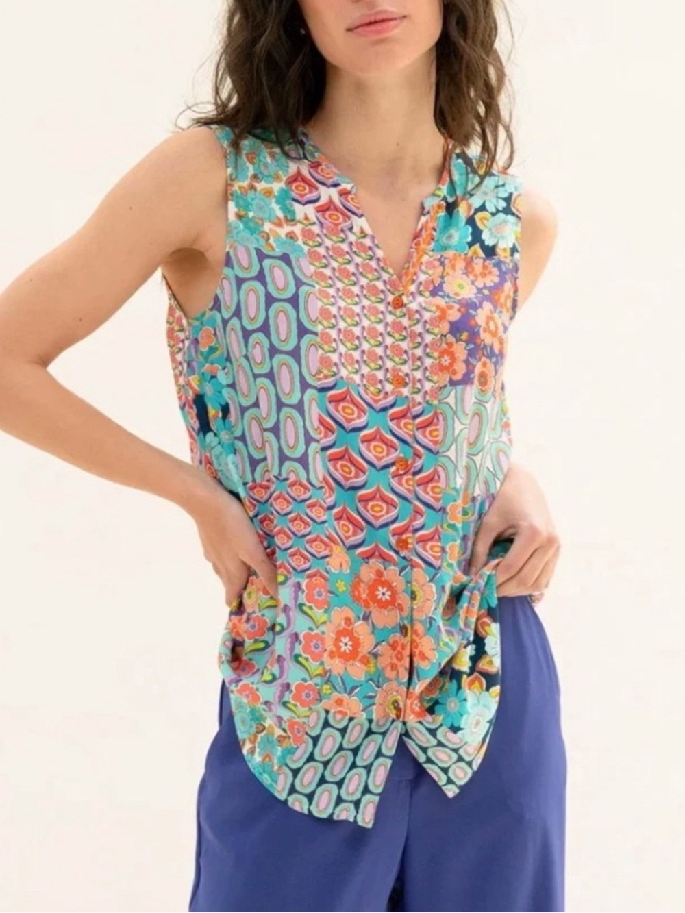 Tinta Made in Spain Turquoise Patchwork Print Sleeveless Blouse EU 38